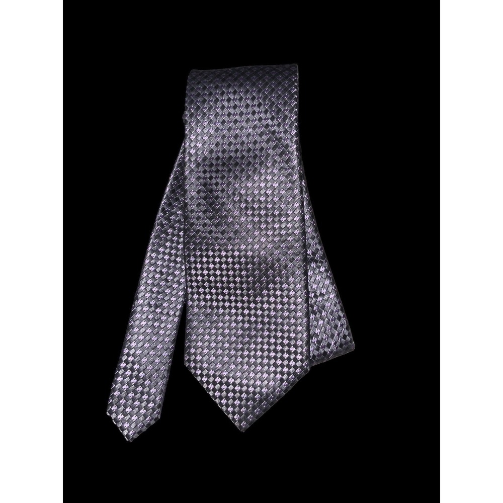 Calvin Klein 100%‎ Silk Tie Gray & Lavender W/Cream Check/Plaid Print